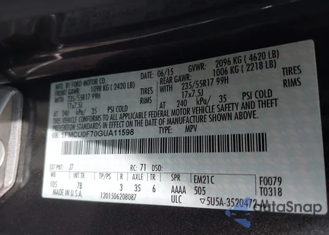 2016 Ford Escape S z USA, uszkodzony, nr VIN 1FMCU0F70GUA11598